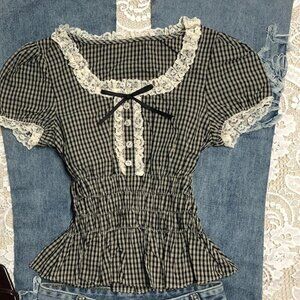Original Plaid Lace Short Sleeve Blouse Women